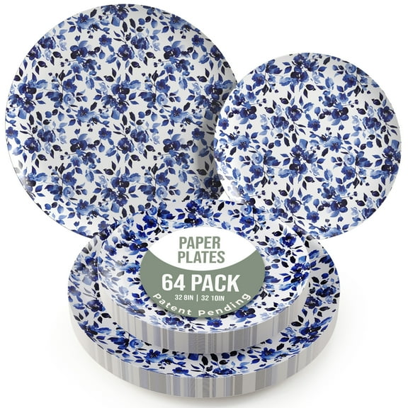 Crown Display Heavy Duty Paper Plates Set for 32 Guests, 64 Fancy Disposable Plates, Bluebelle