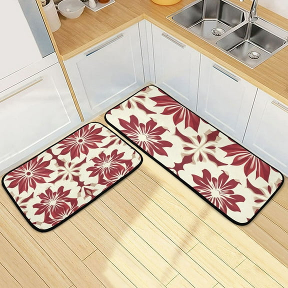 Red Floral Pattern Kitchen Mat Set of 2 Cushioned Non Slip Rugs for Bedroom Floor Runner Mats