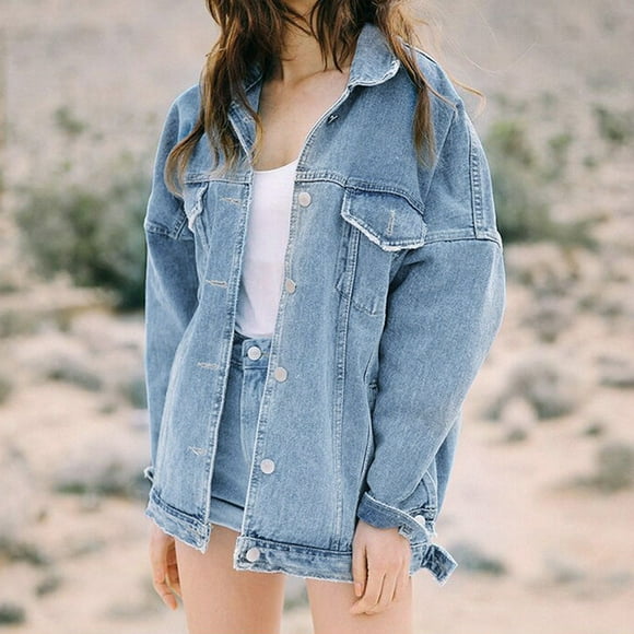 EGNMCR Women's Long Sleeve Hoodless Denim Outwear & Jackets, Women's Casual Denim Jacket, Women Oversize Loose Button Jacket Casual Denim Jeans Pocket Coat Outwear Women Coat