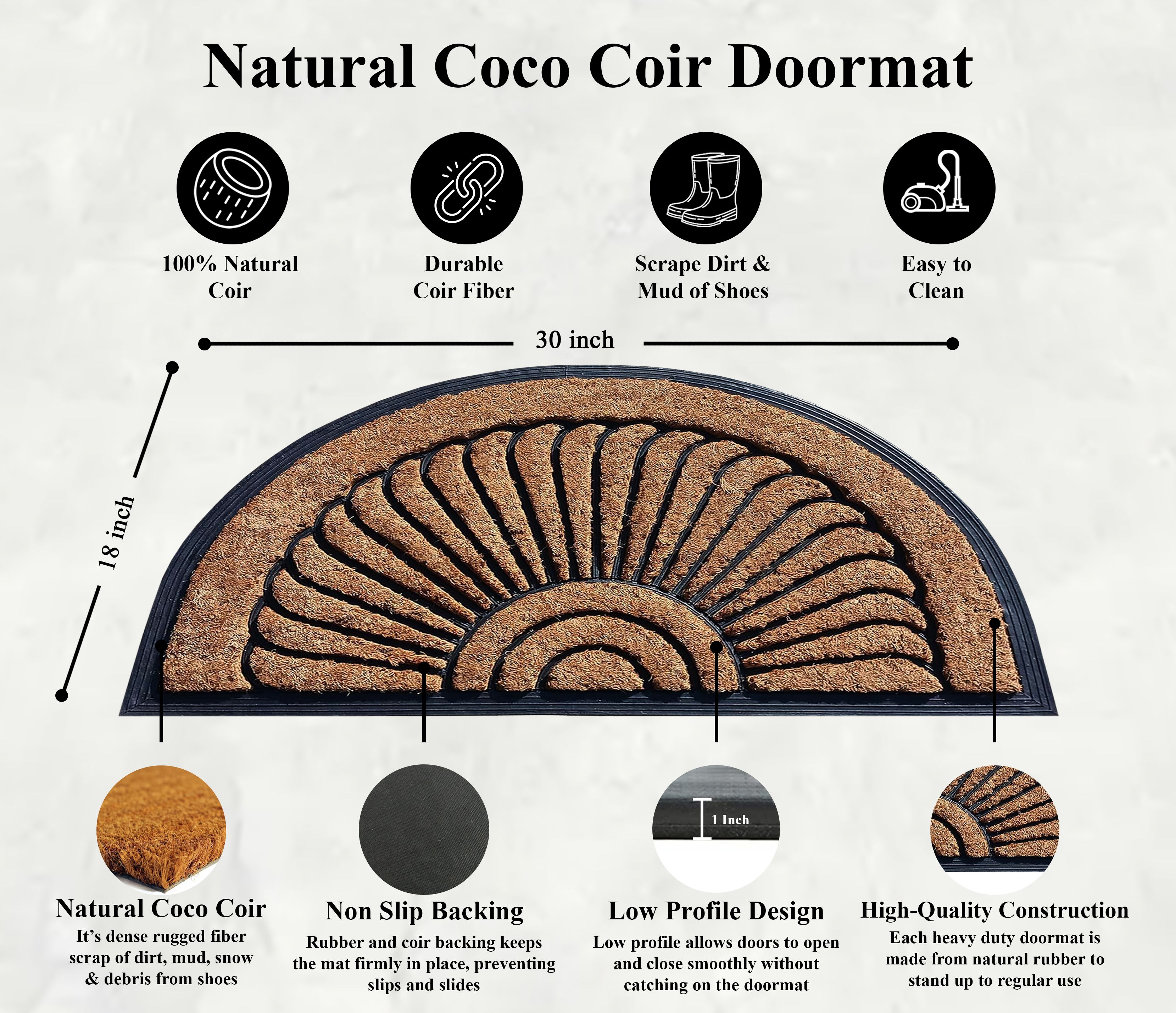 A1HC Natural Coir & Rubber Half Round Door Mat 18x30 Inches Thick Durable Doormats for Entrance Heavy Duty, Long Lasting Front Entry Doormat, Sunburst Black