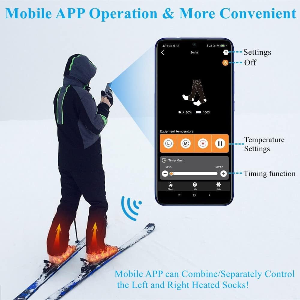 SNOW DEER Heated Socks for Men Women with APP Control,7.4V Electric Rechargeable Battery Heating Socks Men Women for Hunting Fishing Camping Hiking Motorcyle Ski Skating Warm Socks Foot Warmer