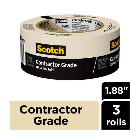 Scotch Contractor Grade Masking Tape, 1.88 in x 60.1 yd, Tan, 3 Rolls