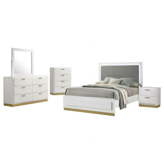 Caraway 5-piece Eastern King Bedroom Set with LED Headboard White and Grey