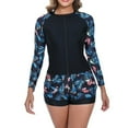 thumbnail image 4 of Oplxuo Women 3 Piece Rash Guard - Long Sleeve Swimsuit Built in Bra Swim Shirt Zip Bathing Suit with Pocket Shorts, 4 of 7