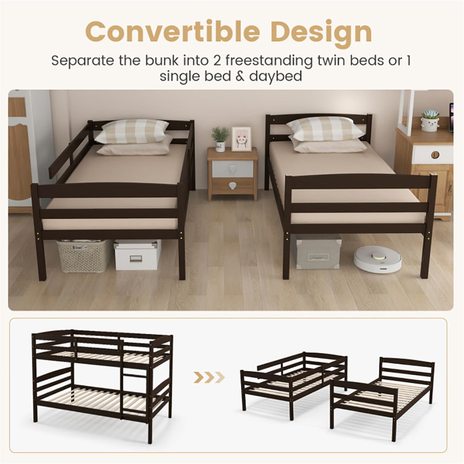 Demi Bonn Solid Wood Twin Over Twin Bunk Bed with High Guardrails and Integrated Ladder, Twin Bunk Beds, Bed Frame, Brown