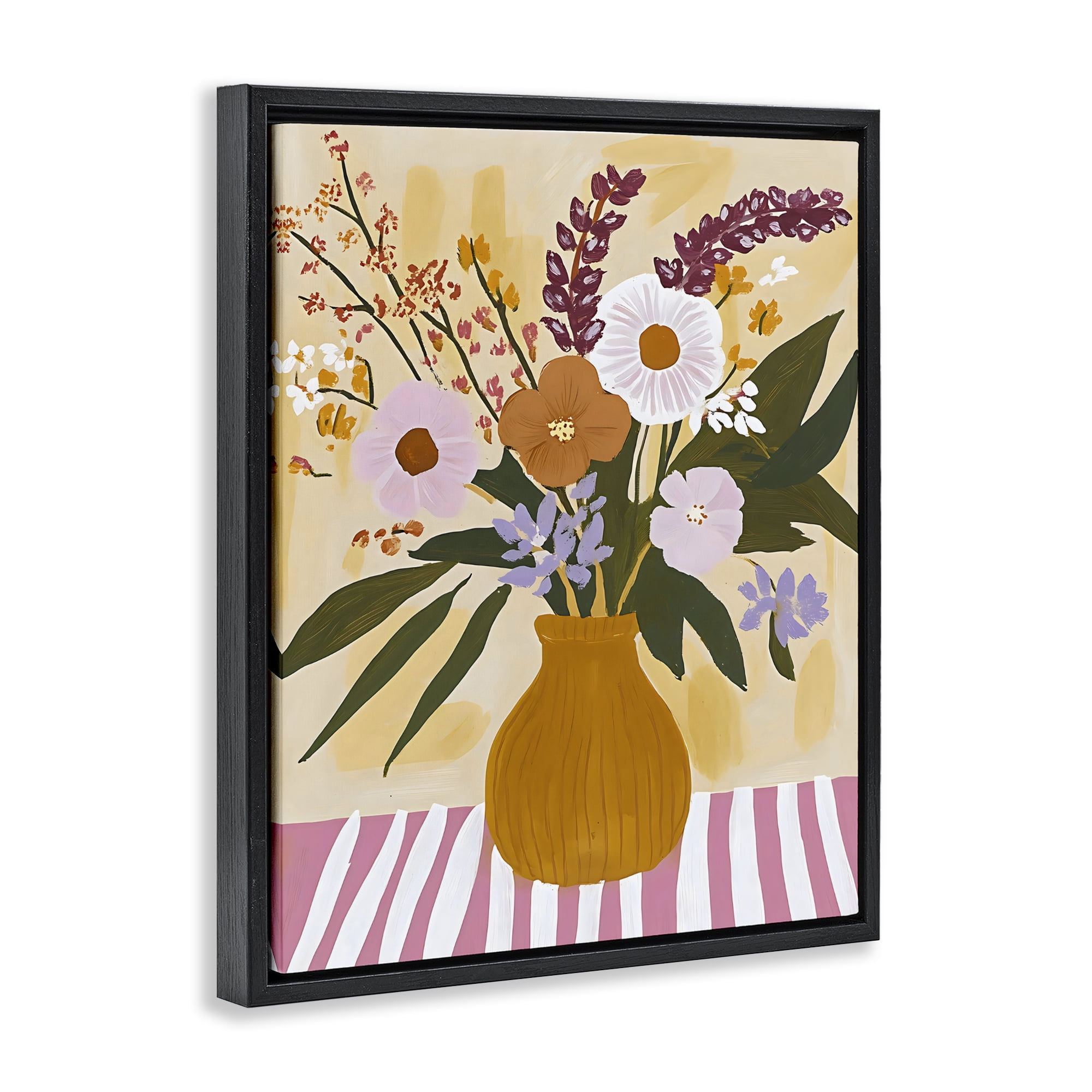 Stupell Industries Boho Flowers on Pink Stripes Black Framed Floater Canvas Wall Art, design by Creative Studio