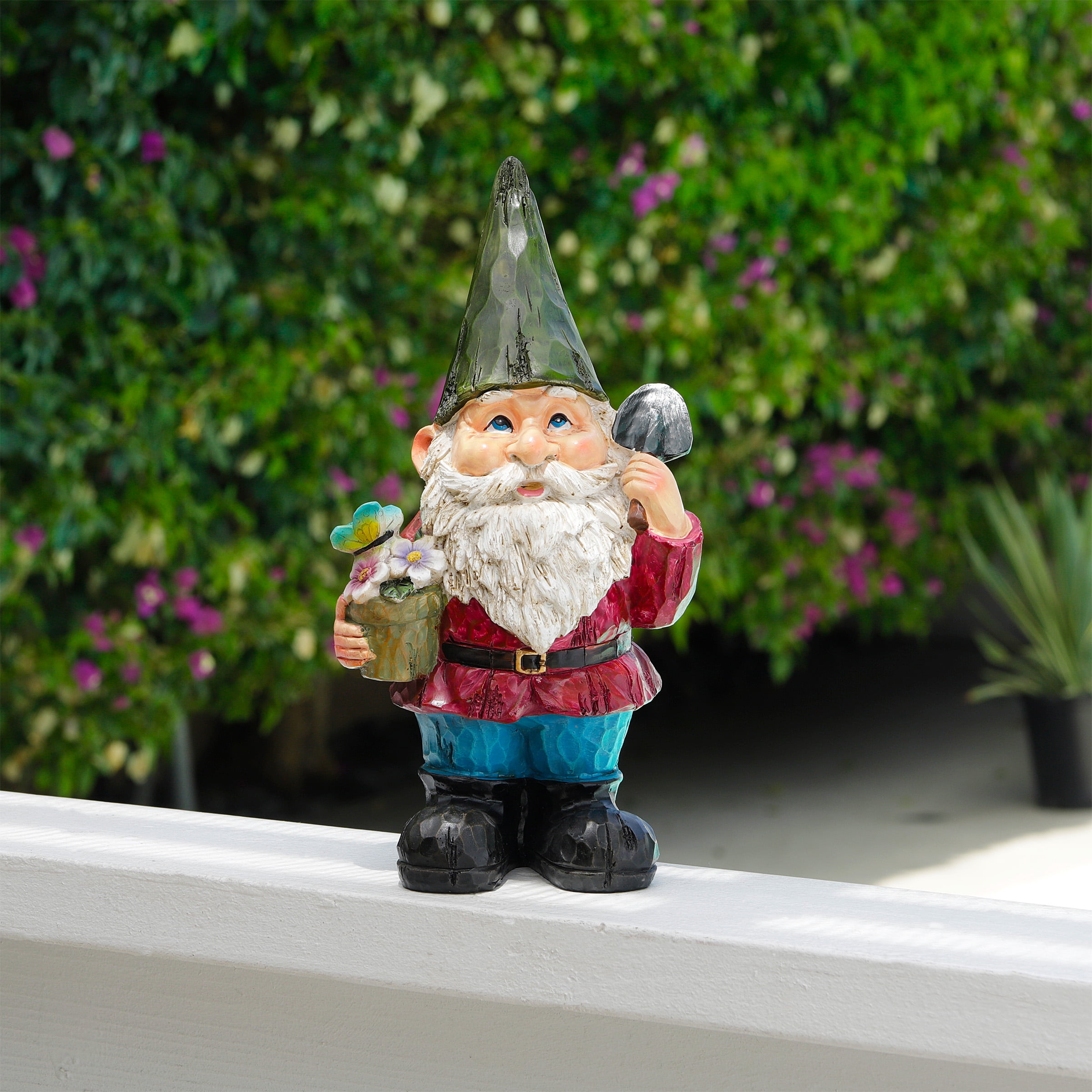 Happy Traditional Garden Gnome Rain Catcher Smiling Sunflowers Outdoor Statue 