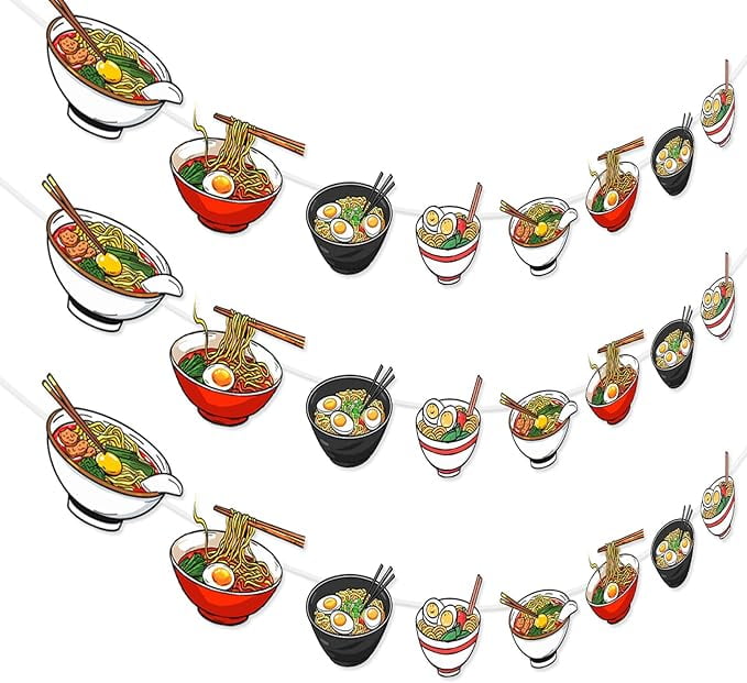 Ramen Party Decoration Banner Garland, 3 Pcs Japanese Noodles Birthday Party Decorations Ramen Banner Garland for Japanese Ramen Theme Birthday Party Baby Shower Supplies