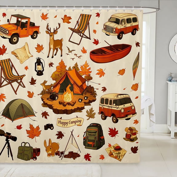 Manfei Happy Camping Shower Curtain 72Wx72L,Cartoon Deer Car Bathroom Curtain,Cream Orange