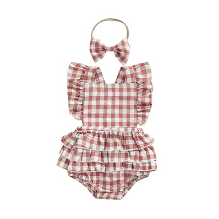 

Bagilaanoe Newborn Baby Girl Flying Sleeve Romper + Headband 3 6 12 18 Months Infant Ruffle Plaid Print Summer Clothing