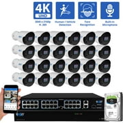 GW Security 32 Channel NVR UltraHD 4K Face/Human/Vehicle Detection PoE Security Camera System with 24 x 4K (8MP) IP Microphone AI Bullet Camera, 100ft Night Vision, Outdoor/Indoor Surveillance Camera
