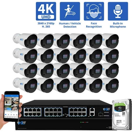 GW Security 32 Channel NVR UltraHD 4K Face/Human/Vehicle Detection PoE Security Camera System with 24 x 4K (8MP) IP Microphone AI Bullet Camera, 100ft Night Vision, Outdoor/Indoor Surveillance Camera