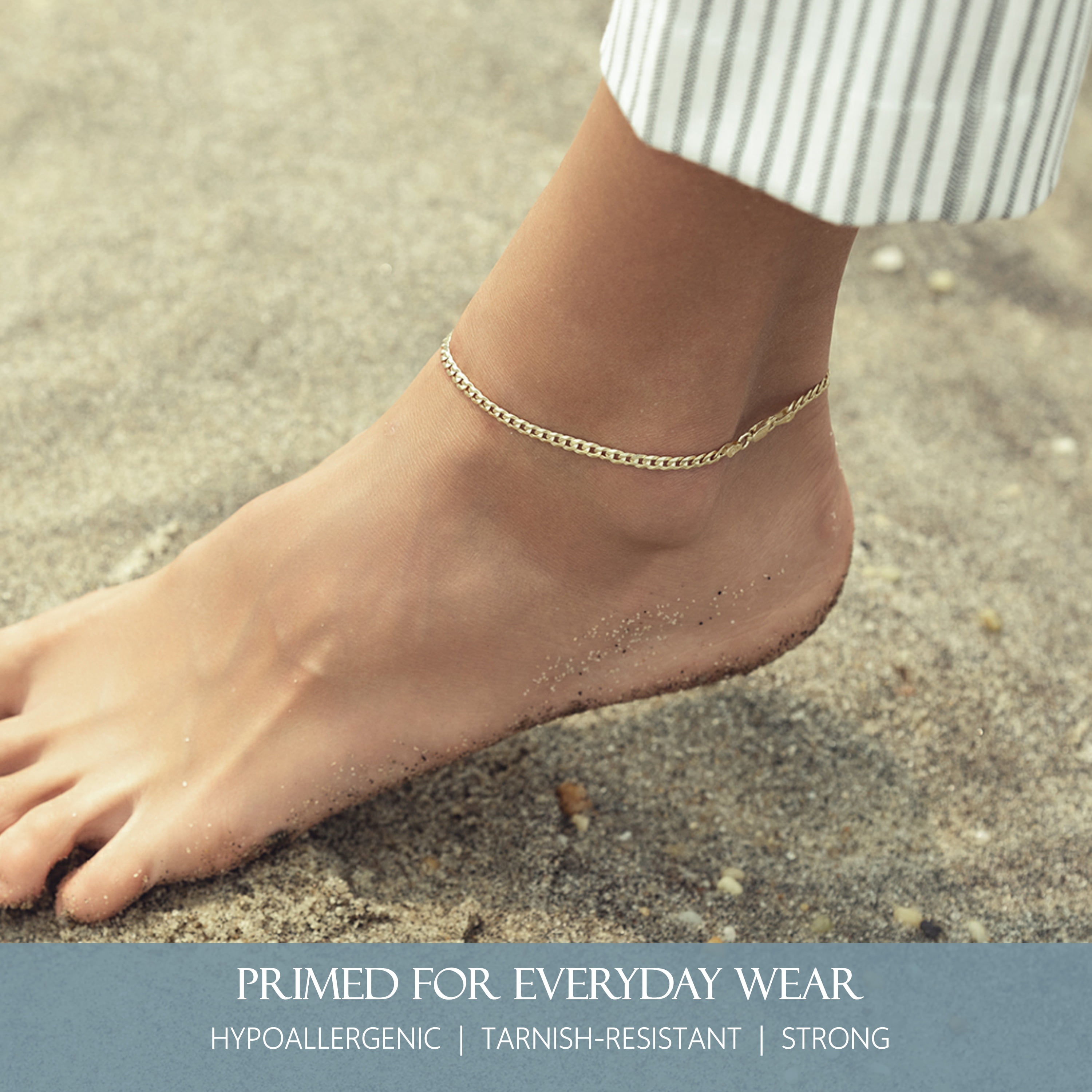 KISPER 18K Gold Plated 925 Sterling Silver 3.5mm Curb Chain Anklet Bracelet for Women, Italian Design, 9"