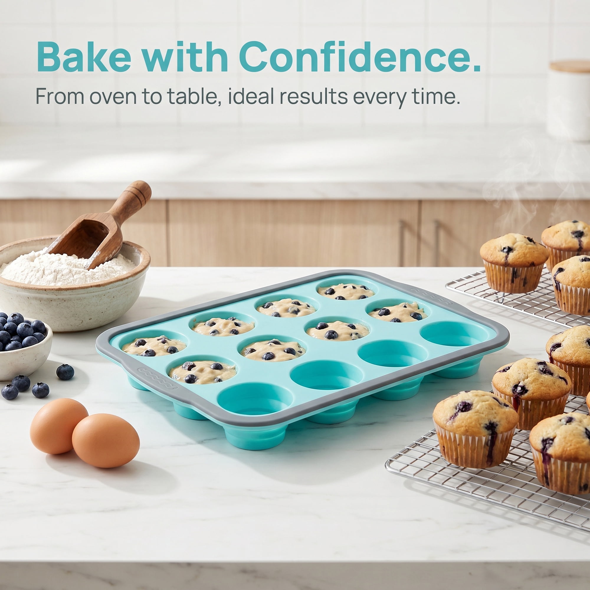 Unique Bargains 12-Cup Nonstick Silicone Muffin-Pan with Steel Rim Blue 12.2"x8.7"x1.4"