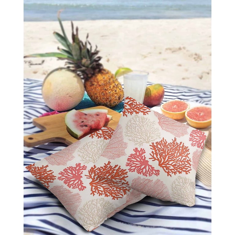 Pack of Outdoor Pillow Covers, Summer Ocean Orange and Pink