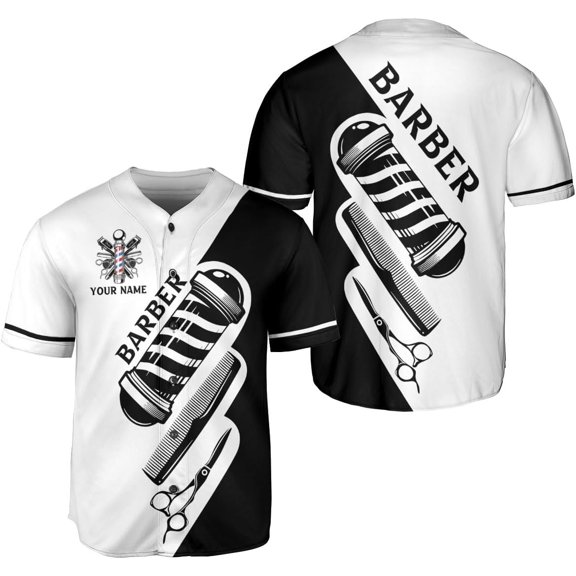 Custom Barber Shop Baseball Jersey Personalized Name Barber Shirt 3D for Men Women Hairdresser Shop Gift Scissors Pole Shirts (S)