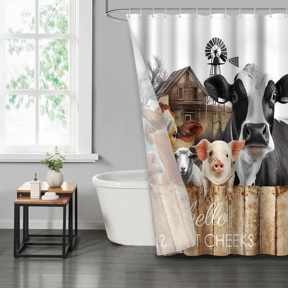 LVRLVR Farm Animals Fabric Shower Curtain - Cute Cow Modern Bathroom Decoration, Brown, 70.8" x 70.8"