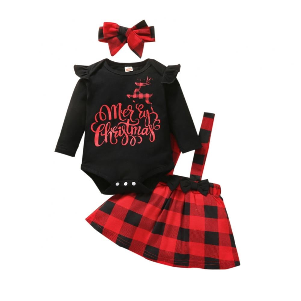Newborn Baby Girl Christmas Clothes 3 Pcs Set Ruffle Romper Red and