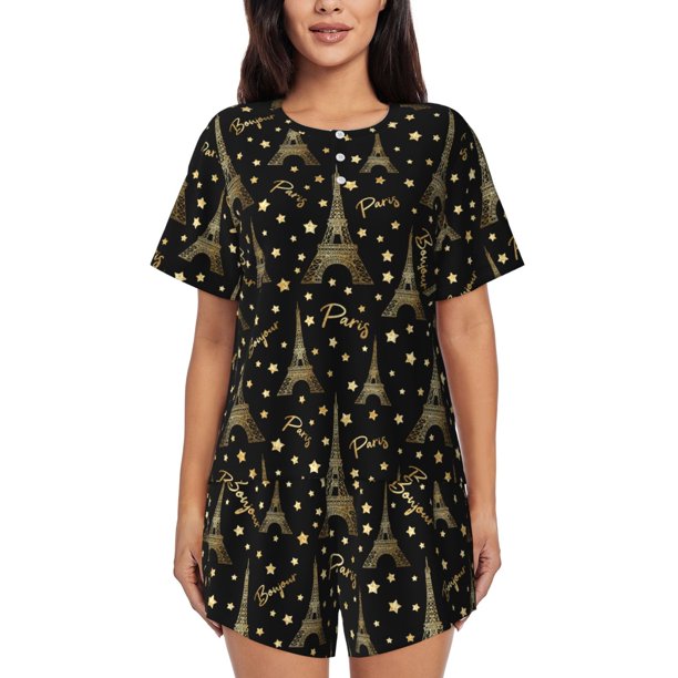 Balery Paris Romantic Conjunto de Pijama para Mujer con Estampado, Dos Piezas de Manga Corta y Shorts, Ropa de Dormir Suave con Cuello Redondo y Bolsillos-4X-Large