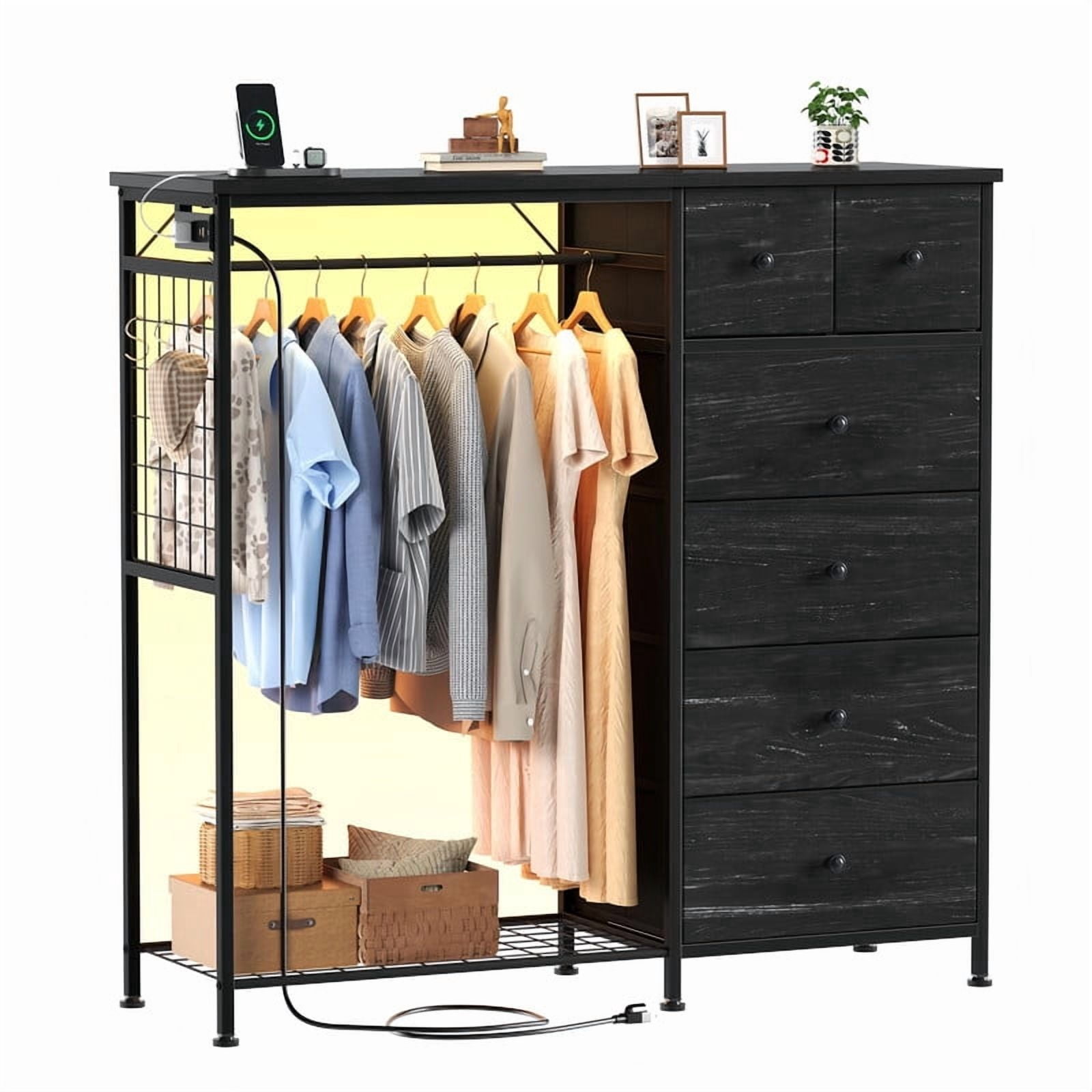Kelno 6 Drawer Dresser with Hanging Rack LED Lights Charging Station Fabric Closet Organizer Storage Tower, Wood Grain Black