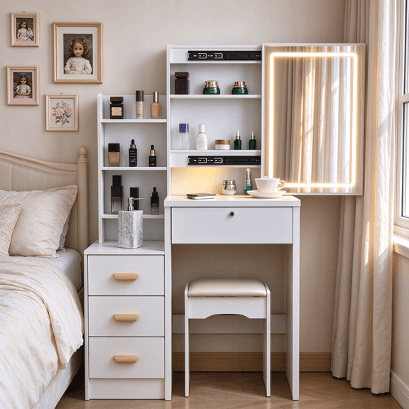 31.5"Makeup Vanity Desk with Lockable Drawer, Sliding LED Mirror, 3-Color Lights, Hidden Storage, 4 Drawers & Stool for Women & Teen Girls White