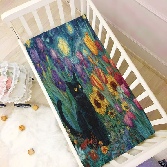 Wobogo Starry Night Tulip Cat Baby Crib Sheets Super Soft Microfiber Playard Sheet Fitted Design for Maximum Comfort and Safety 39×27×5in