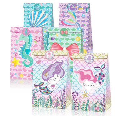 24 Pack Mermaid Shell Gift Bags - Holographic Iridescent Party Favor Bags For Ocean Themed Parties