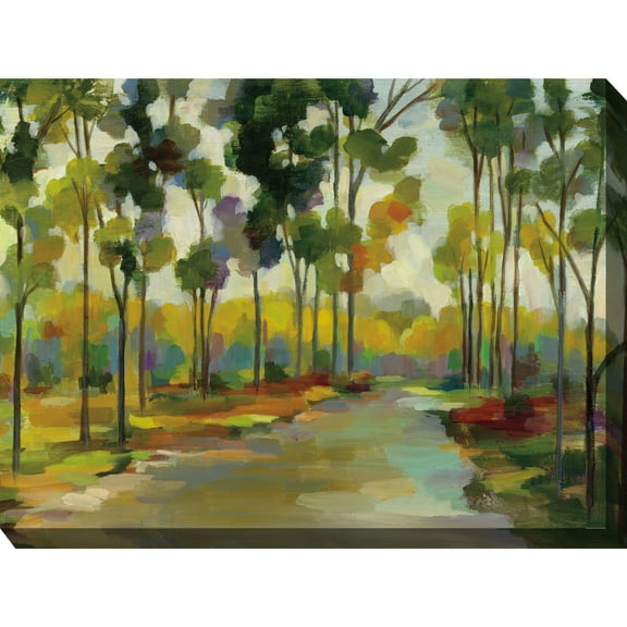 Outdoor Living and Style Green and Yellow Distant Forest Outdoor Canvas Rectangular Wall Art Decor