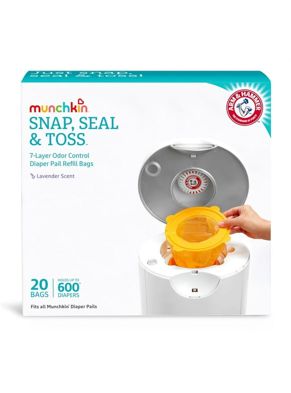 Munchkin Arm & Hammer Snap, Seal & Toss Diaper Pail Bag Refills, Hold Up To 600 Diapers, 20 Pack