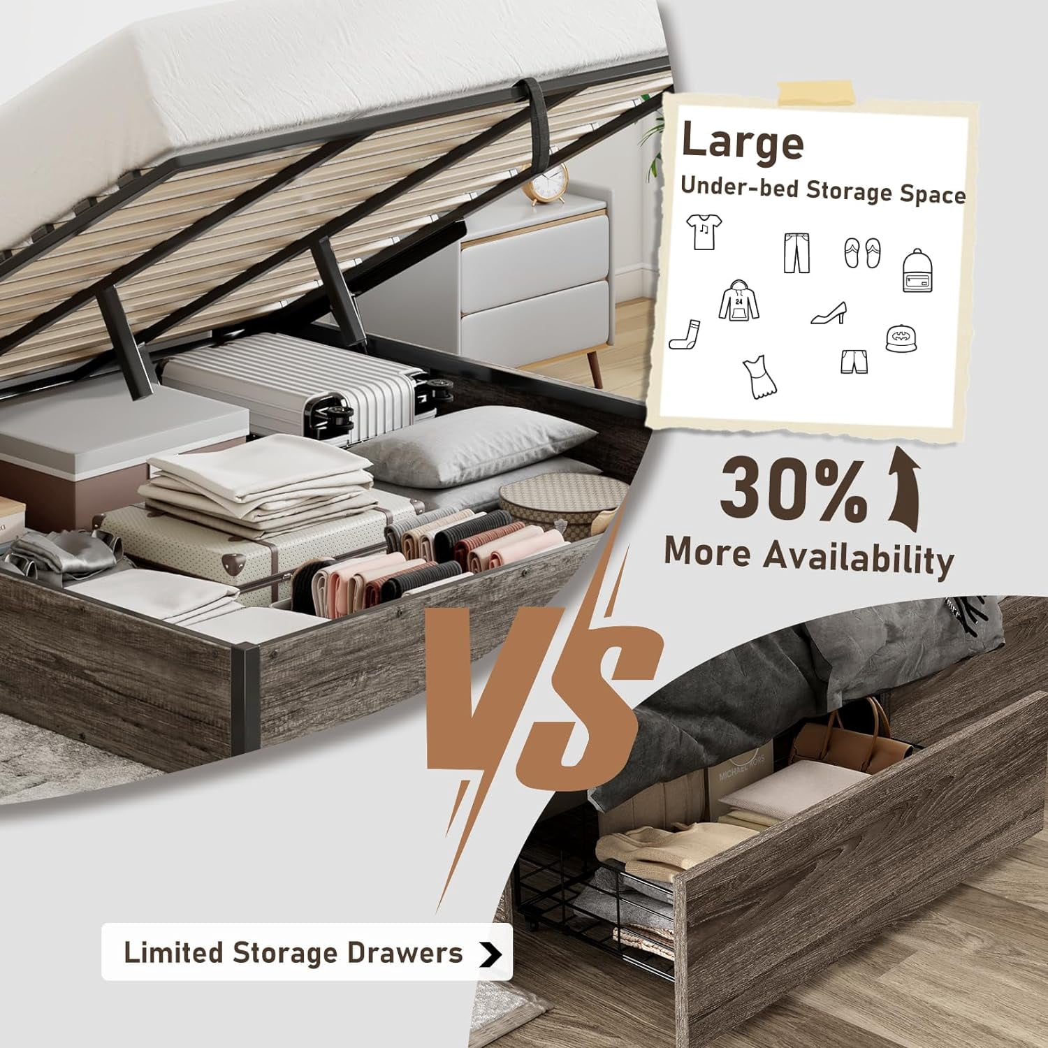 VanAcc Full Size Lift Up Storage Platform Bed Frame, Metal Bed Frame with Wooden Slats Support, Large Storage Space, Easy Assembly, Rustic Grey