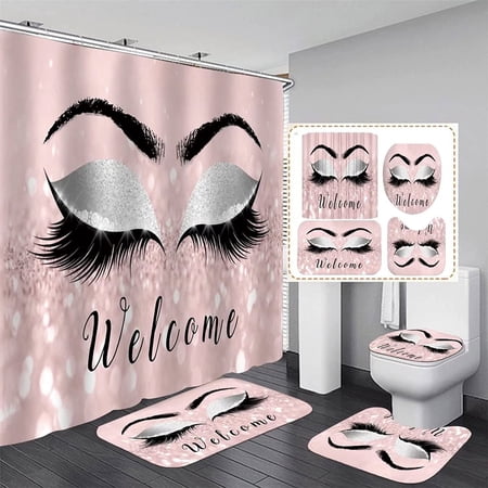 ZHANZZK Pink Stylish Eyelash 4 Piece Bathroom Set Shower Curtain Bath Rug Contour Mat and Toilet Lid Cover