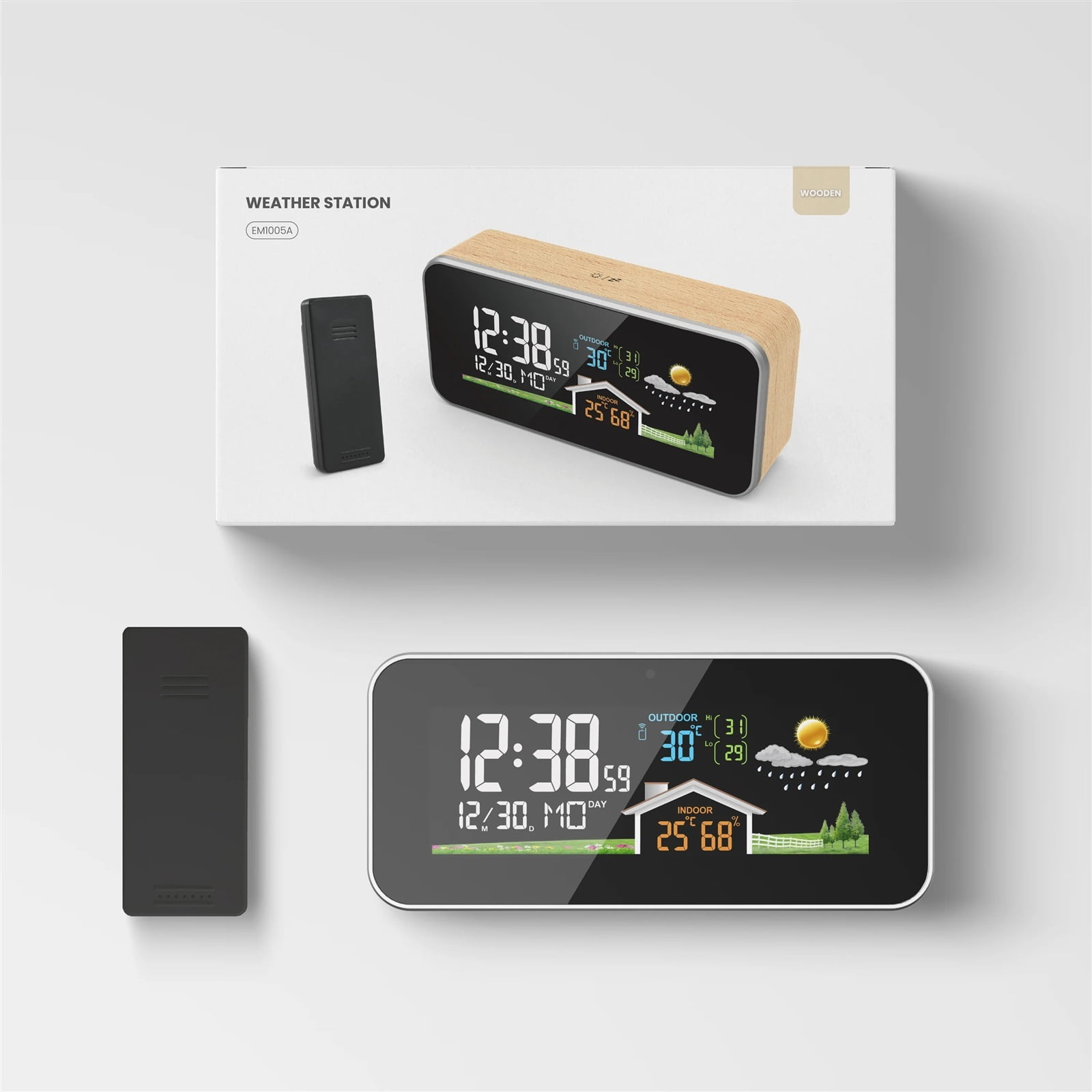 Wireless Weather Station Wooden Alarm Clock Digital Thermometer Humidity Temperature Wireless Sensor Home TimeWatch Desktop #30 ,High Precision