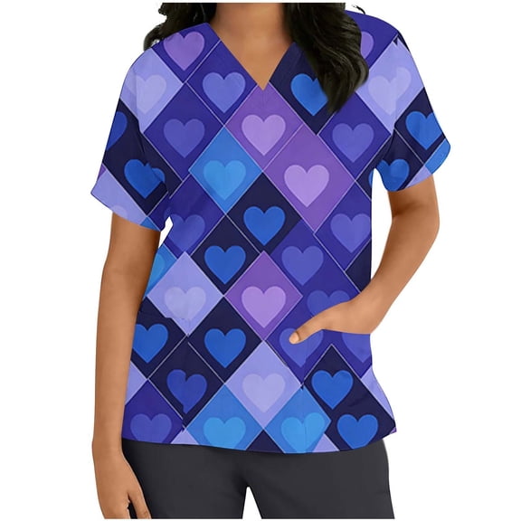 Lorytime Womens Scrub Tops Mother's Day Short Sleeve T Shirts Crew Neck Uniform with Pockets Heart Casual Work Clothes
