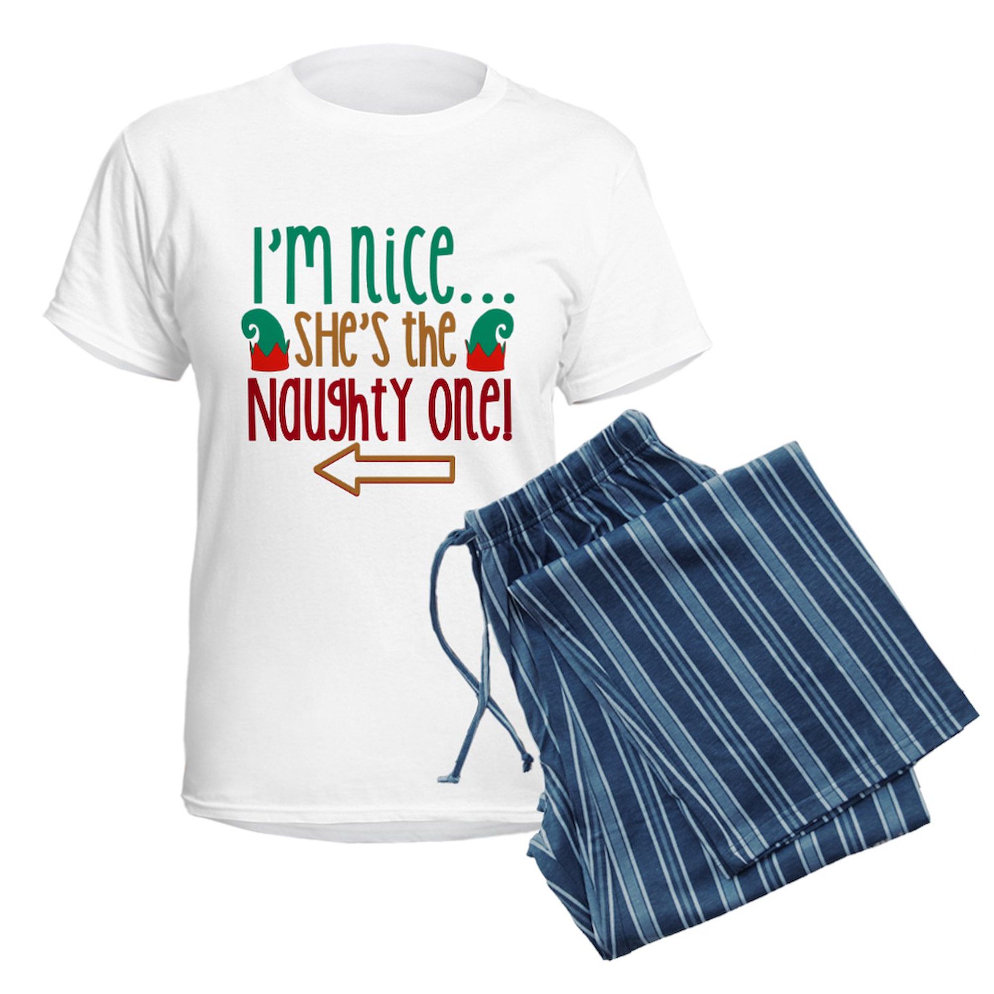CafePress - Im Nice She's Naughty Elf Hat Women's Light Pajama - Women's Short Sleeve Print T-Shirt and Pants Light Cotton Pajama Set