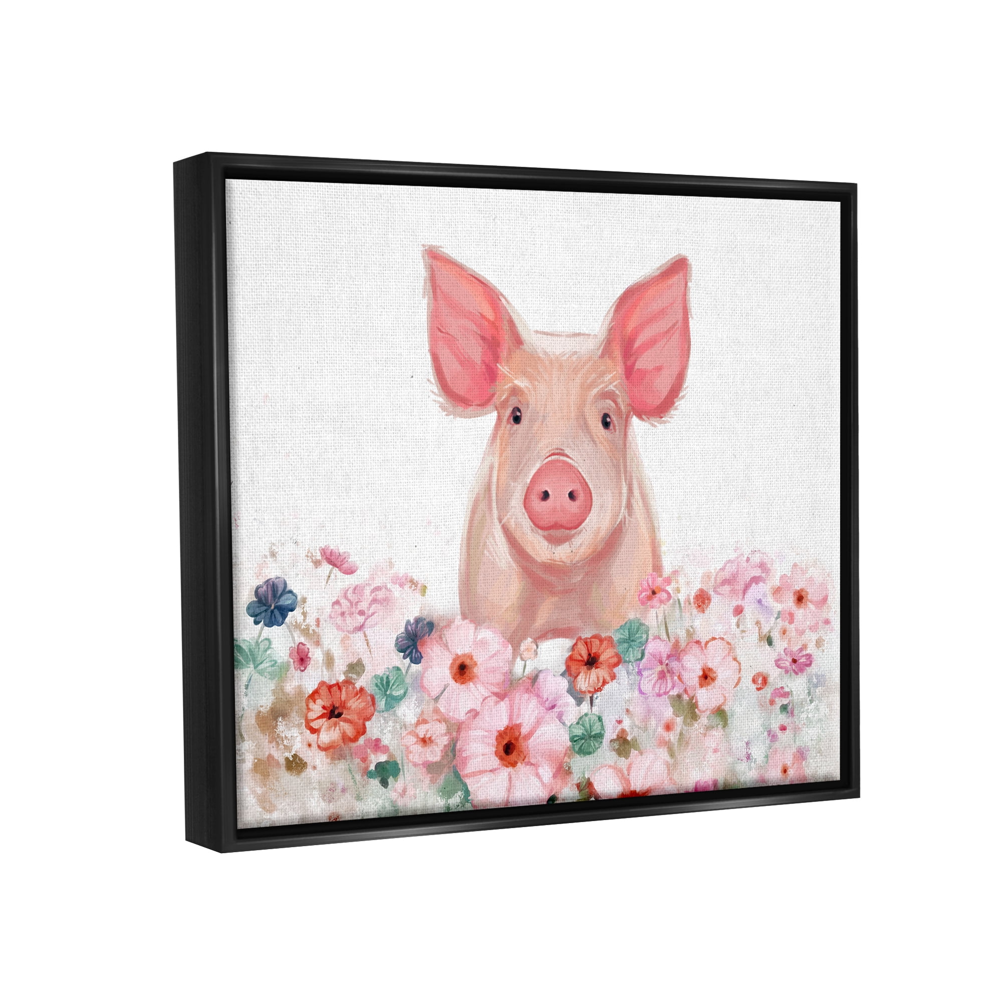 Stupell Industries Pastel Piglet & Florals Animals & Insects Painting Black Floater Framed Canvas Art Print Wall Art, 31 x 25