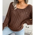 thumbnail image 5 of Defitshape Women's Cable Knit Sweater Long Sleeve Fall Top Boat Neck Soft Button Bishop Sleeve Spring Elegant Winter Thick Loose Fit Knitwear Knitted Pullover Sweater Coffee Large, 5 of 5