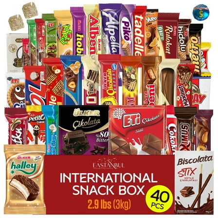 Eastanbul International Snack Box, 40 Pieces, Chocolate Assortment Bars, Exotic Candy