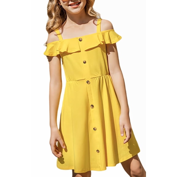 Arshiner Girls Dresses Summer Spaghetti Strap Cold Shoulder Ruffle Button Down A Line Dresses