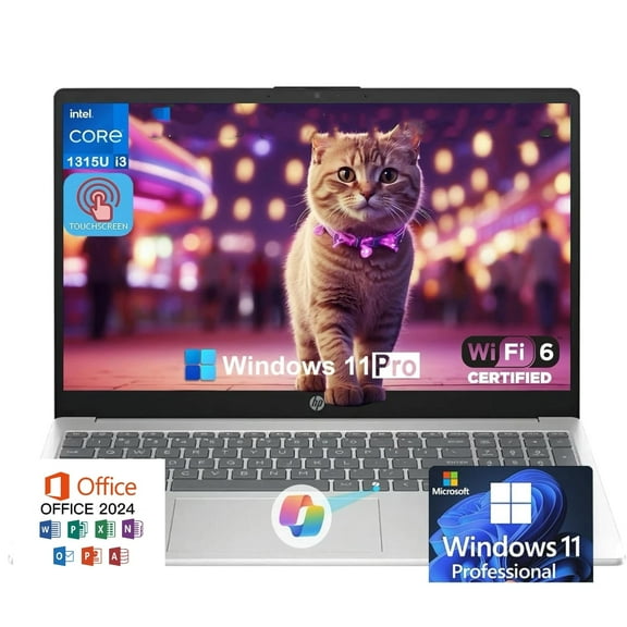HP 2025 15.6" Touchscreen Laptop, Core i3-1315U 4.5GHz, 12GB RAM, 512GB SSD, Windows 11 Pro   Office 2024, Natural Silver,