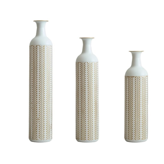 3-Piece Gold & White Metal Cylinder Vase Set, Geometric Embossed Decorative Vases for Home Decor