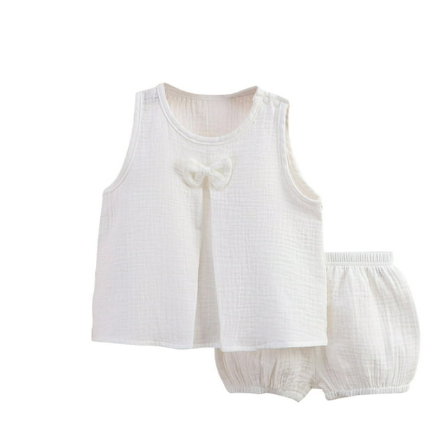 Zpanxa Girls Summer Outfits Solid Color Gauze Set Double-layer Breathable Two-piece Set Bow Top and Pants Set Round Neck Set 5 Years