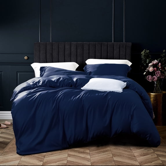 NTBAY 3 Pieces Satin King Duvet Cover Set, Ultra Luxury and Soft with Hidden Zipper Design Comforter Cover Set, Navy Blue