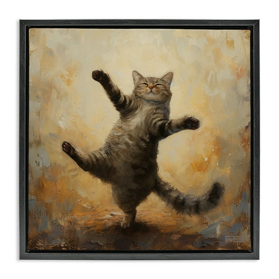 Stupell Industries Dancing Tabby Cat Animals & Insects Painting Black Floater Framed Canvas Art Print Wall Art, 18 x 18