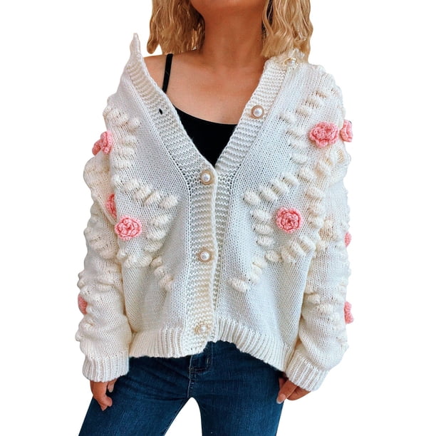 Women's 3D Floral Knit Cardigan, Cute Flower Button Up Long Sleeve
