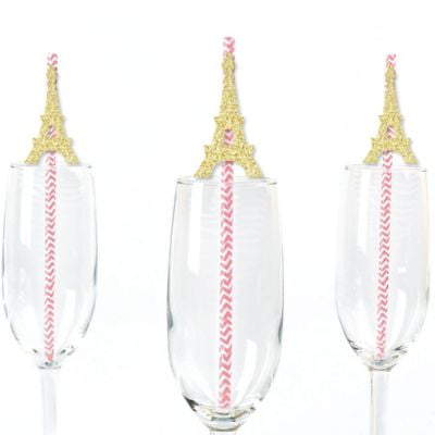 Gold Glitter Eiffel Tower Party Straws - No-Mess Real Gold Glitter Cut-Outs and Decorative Paris Themed Baby Shower or Birthday Party Paper Straws - Set of 24