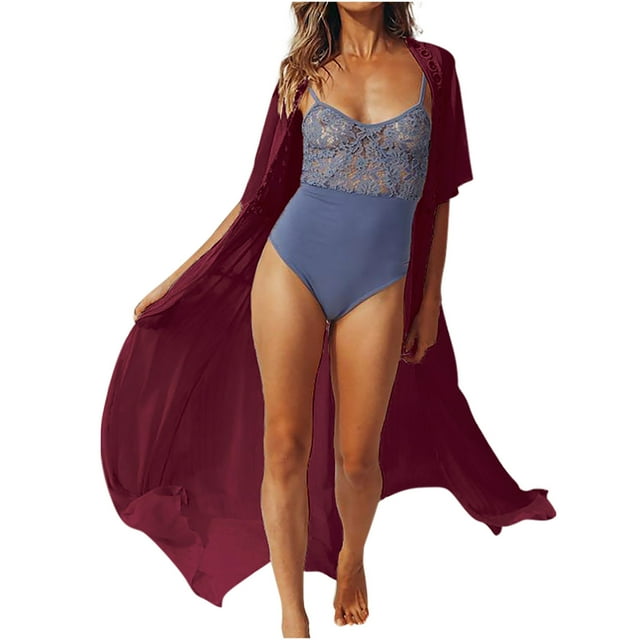 Kimono de playa de chifón liso para mujer, cárdigan largo, chal de manga corta, encaje calado, cubierta suelta Pompotops qwe20175
