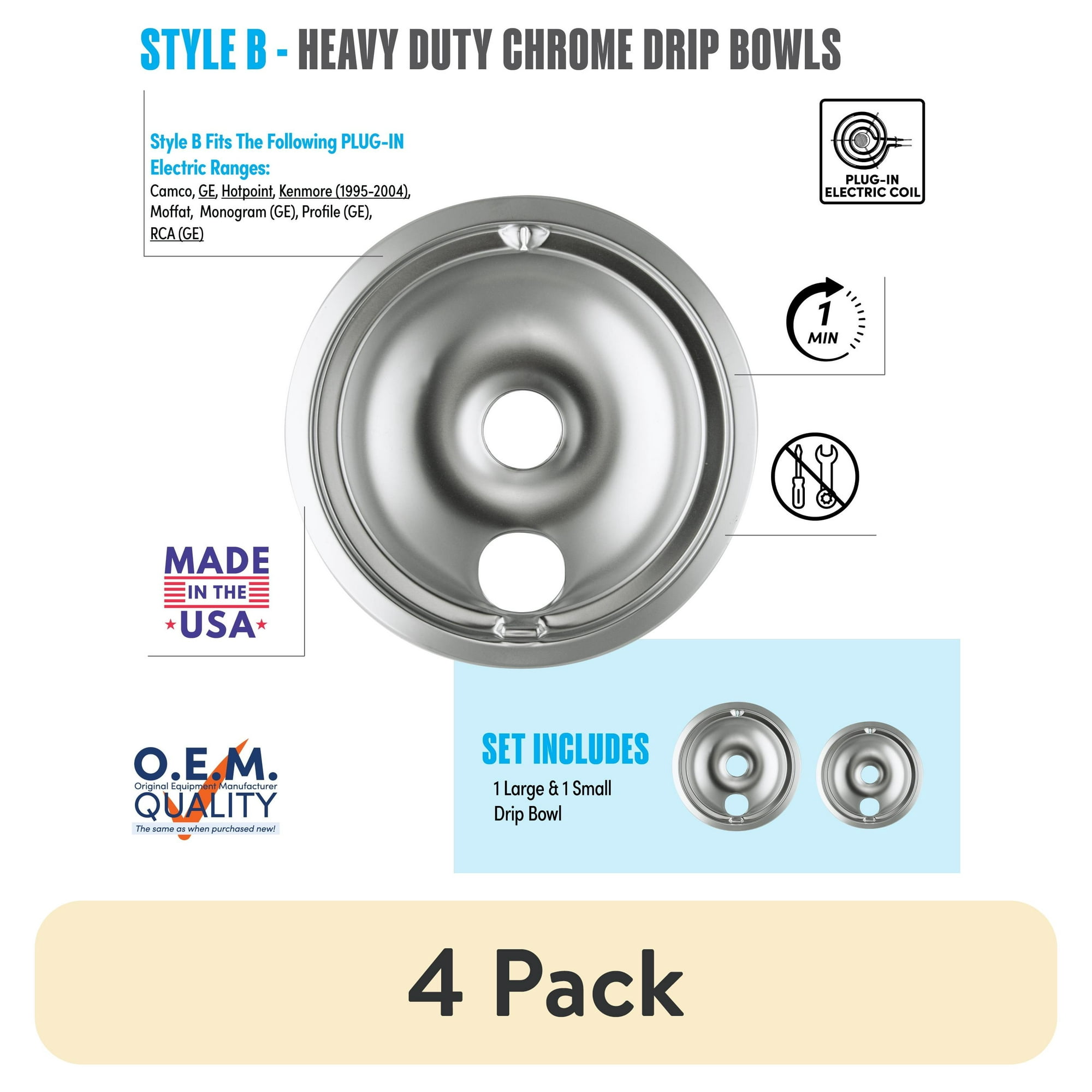 (4 pack) Range Kleen 139402XCD5 Style B 2-Pack Heavy Duty Chrome Drip Bowls