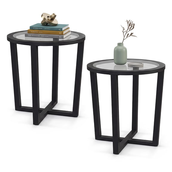 Gymax 2PCS Round End Table w/ Transparent Tempered Glass Top Solid Acacia Wood Legs Black