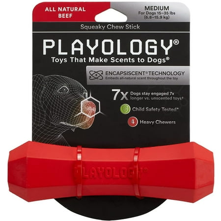 UPC: 0856330008748 | Playology Squeaky Dog Chew Stick Toy All-Natural Beef Scent Medium Red.