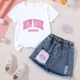 thumbnail image 2 of TOWED22 Girls Skirt Set Kids Toddler Girl Summer Clothes Letter Print Short Sleeve T-Shirt and Denim Skirt Summer Casual 2 Piece Outfit(A,5-6 Y), 2 of 3
